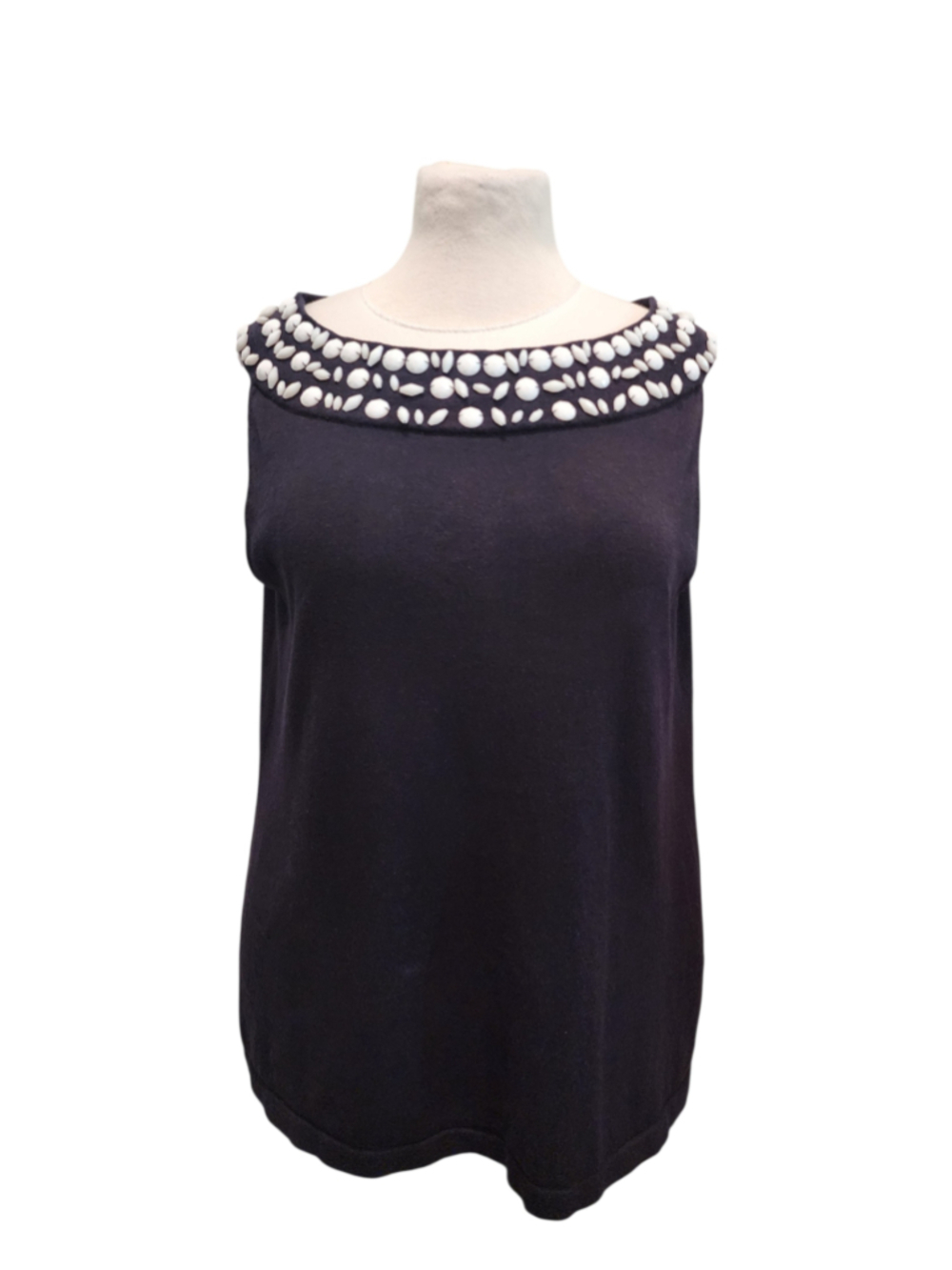 Evan Picone Woman Knit Tank Top 1X Navy White Beaded Boat Neck Sleeveless Blouse